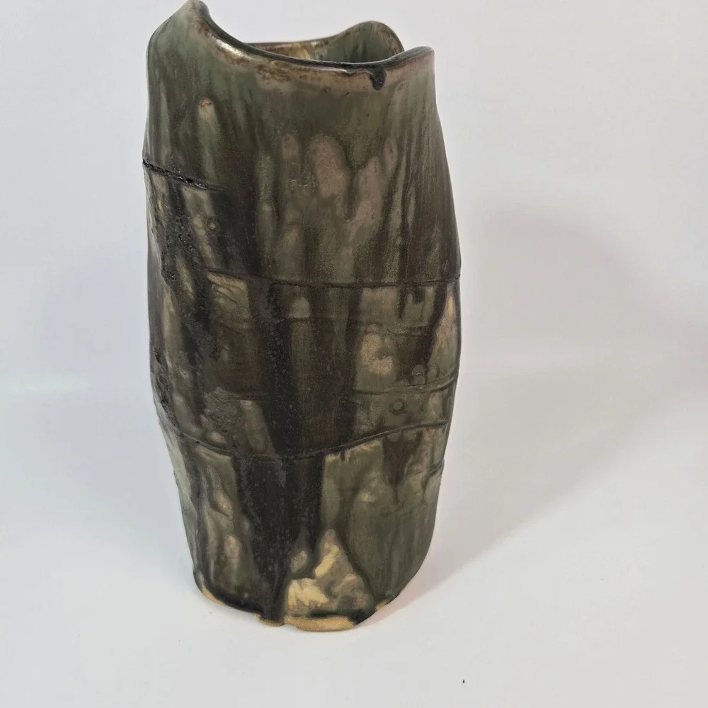 Studio Art Pottery Vase Green Charcoal Drip Glaze Organic Brutalist Stoneware 10